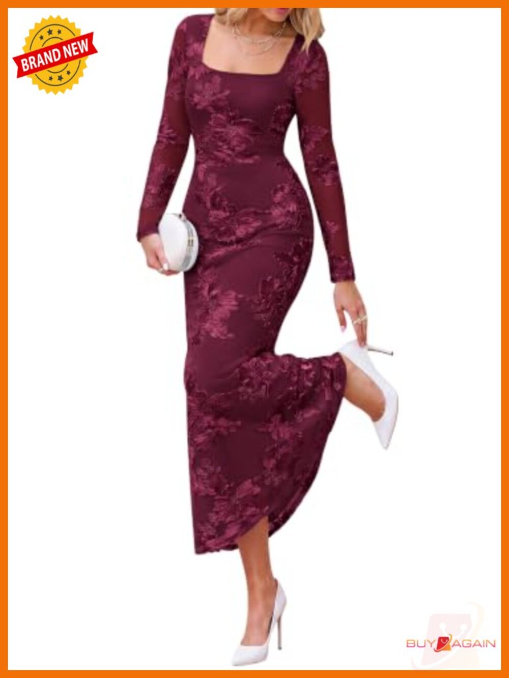 Women's Long Sleeve Bodycon Floral Mesh Maxi Dress Square Neck Semi-Formal